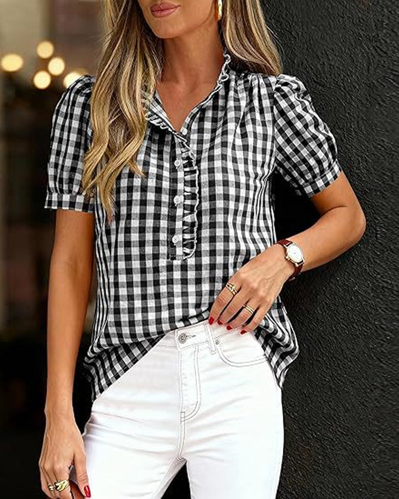 Plaid Puff Short-Sleeved Blouse
