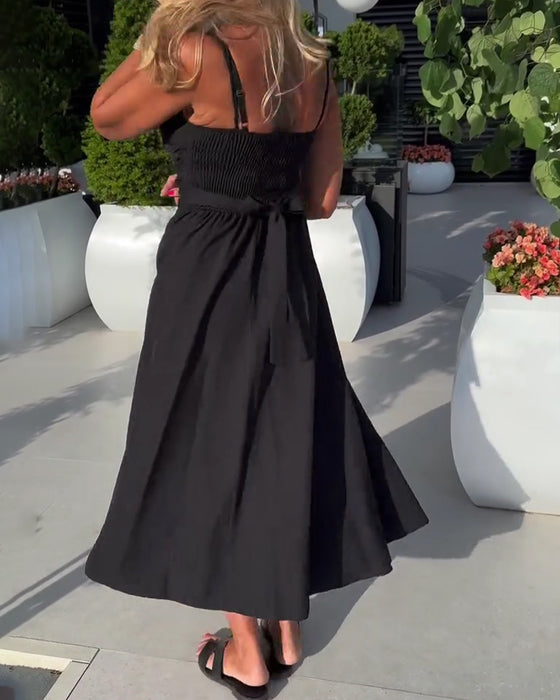 Strappy V-Neck Ruched High Waist Dress