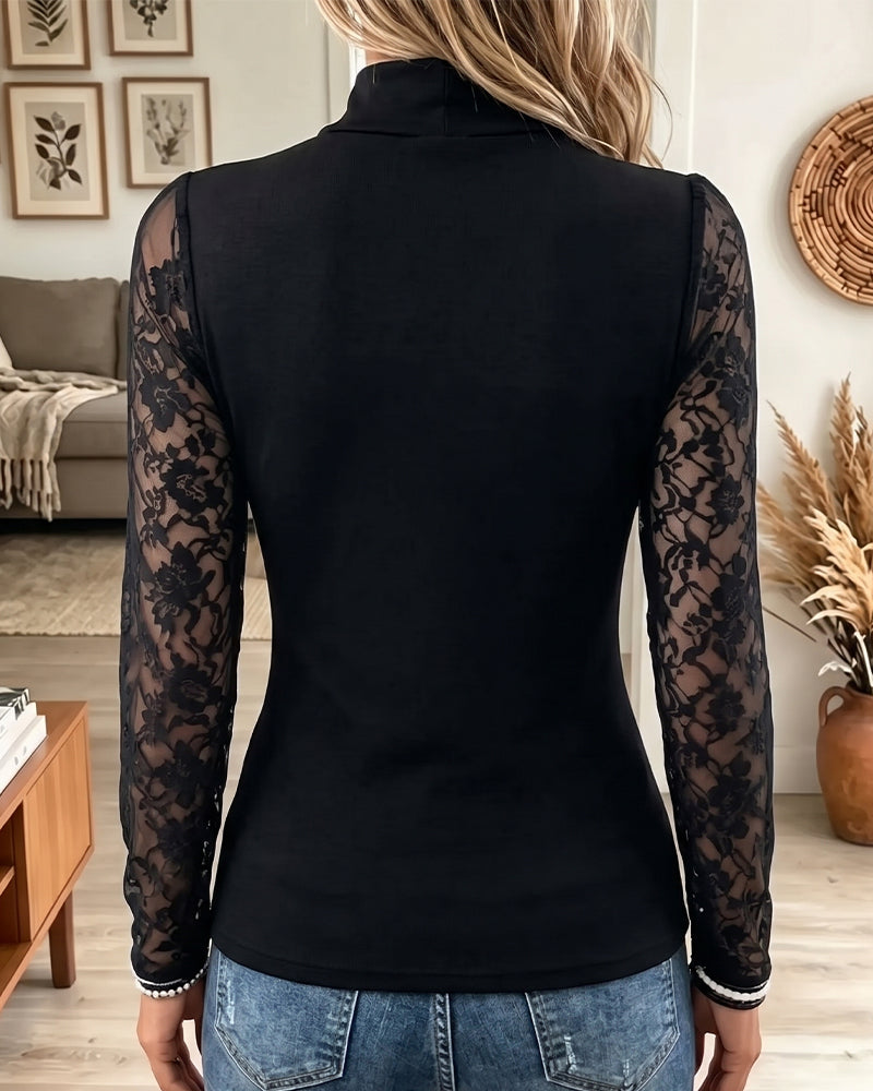 High-neck Hollow-out Lace Patchwork Slim-fit Top