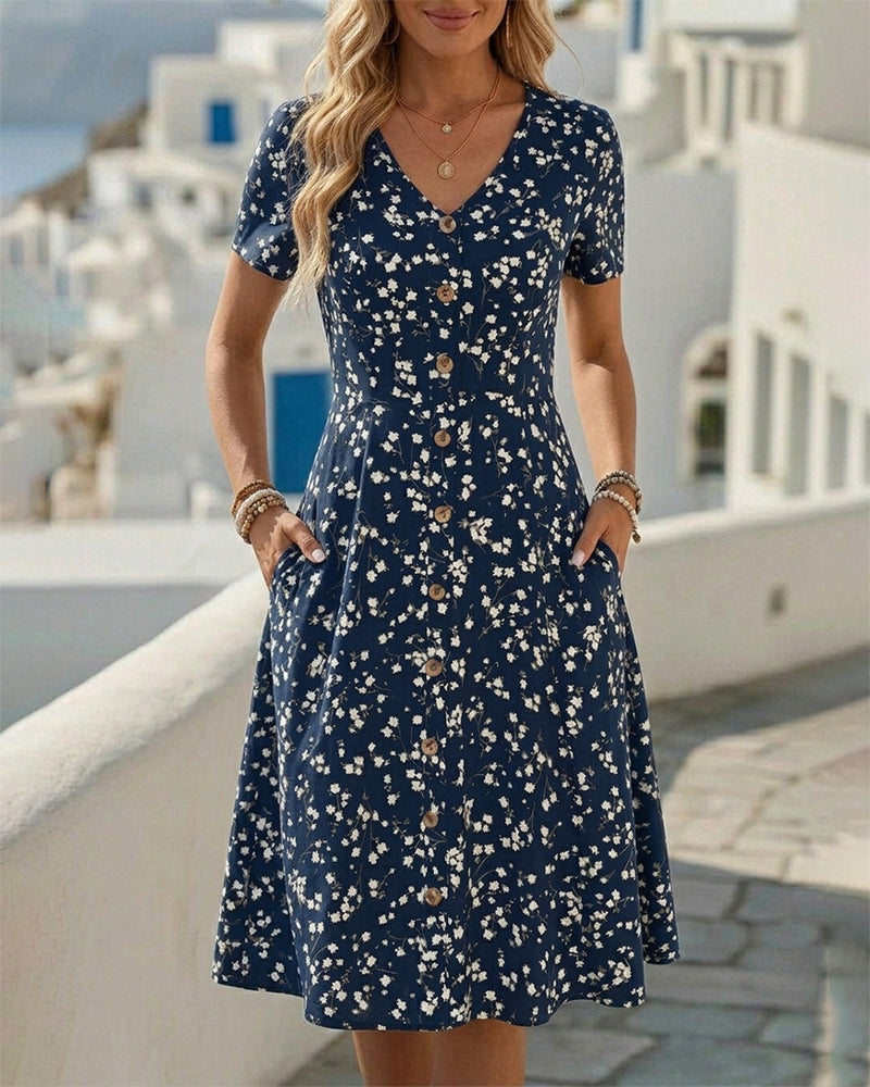 V-Neck Button Waist-Cinched A-Line Dresses