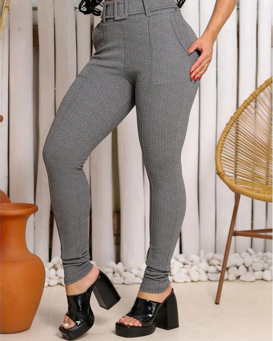 Belted Textured Slim Tapered Pants