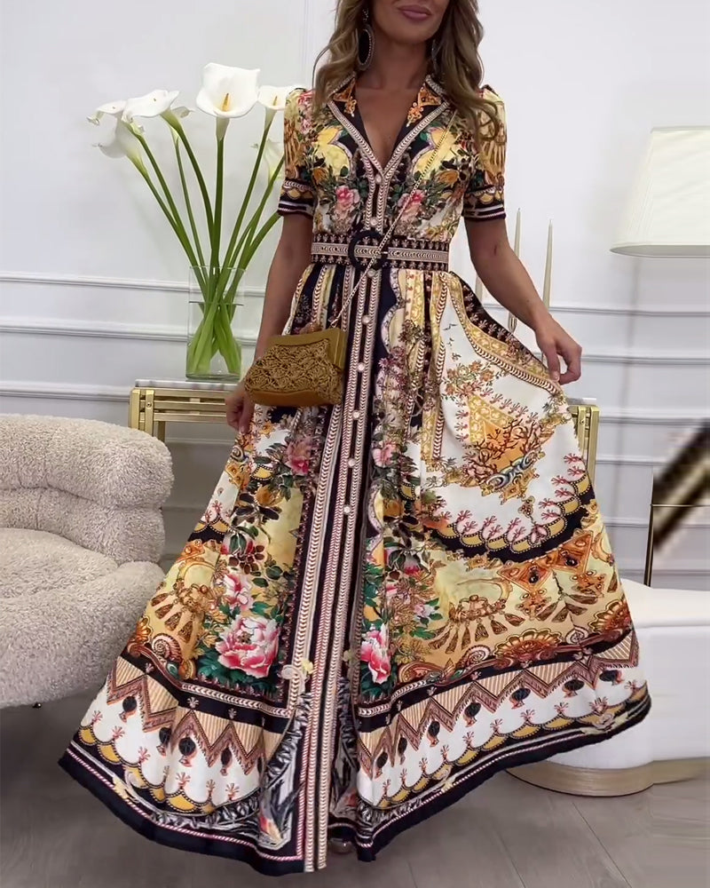 Retro printed lapel short sleeve long dress