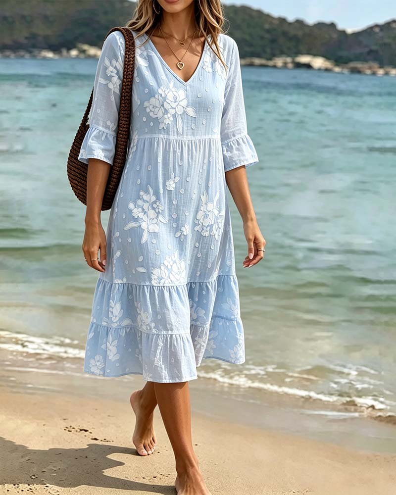 Floral V-Neck Half-Sleeve Dress