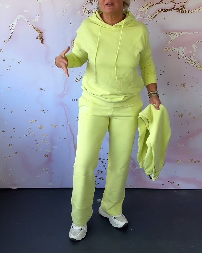 Solid color hooded sweatshirt pants two piece set