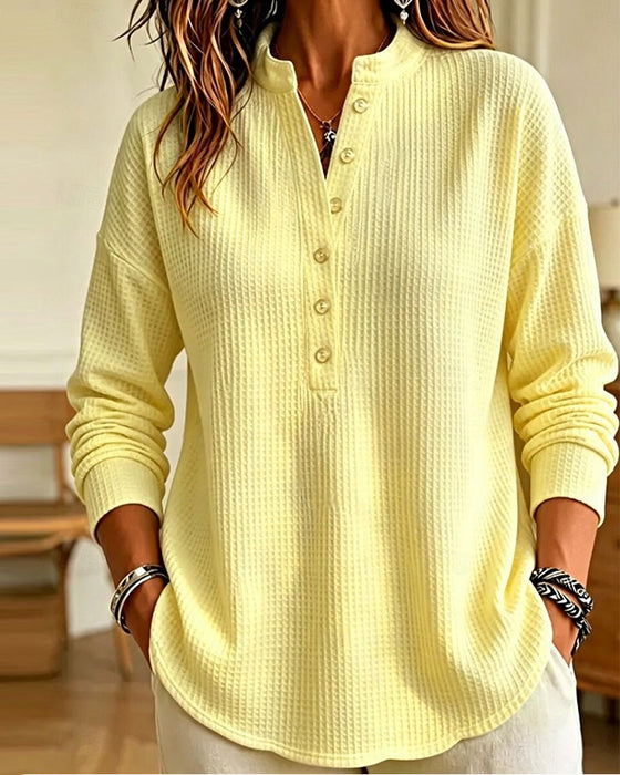 Small Stand Collar Button Waffle Top