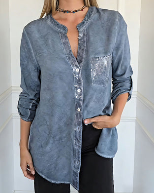 Solid Color Pocket Distressed Shirt