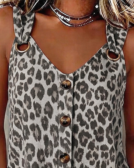 Leopard Spaghetti Strap Button Metal Buckle Tank Top