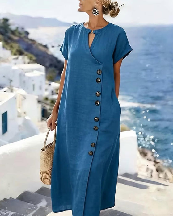 V-Neck Side Button Dress