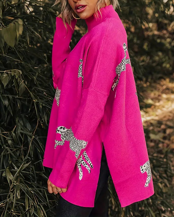 Stylish loose high neck leopard print pullover