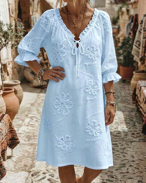 V-Neck Ruffle Tie 3D Floral Dresses