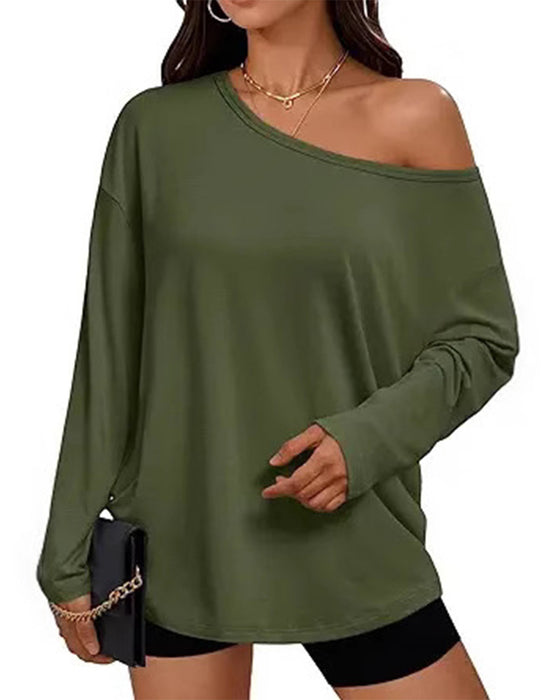 One-Shoulder Solid Long Sleeve T-Shirt