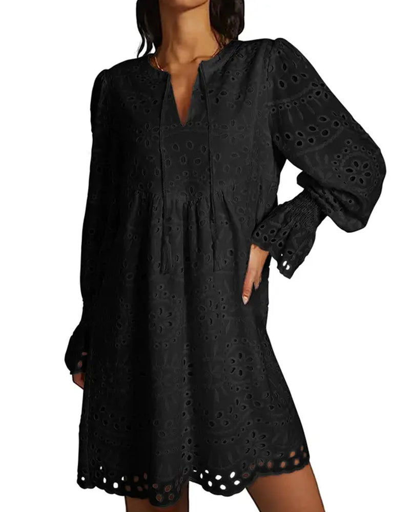 Hollow-Out Long-Sleeve Tie-Waist A-Line Dress