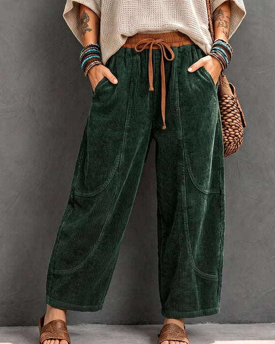 Elastic Waist Color-Block Cropped Wide-Leg Pants