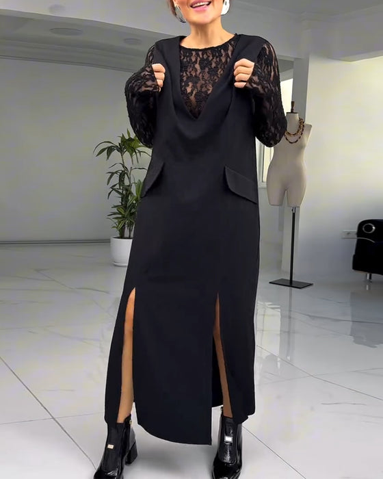 European And American Lace Stitching Slit Dress