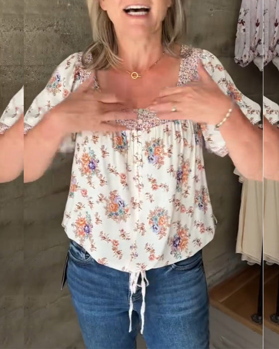 Print square neck short sleeve top