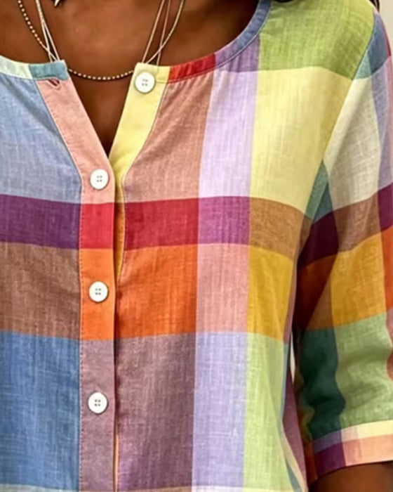 Colorful Checkered Button Front Relaxed Blouse