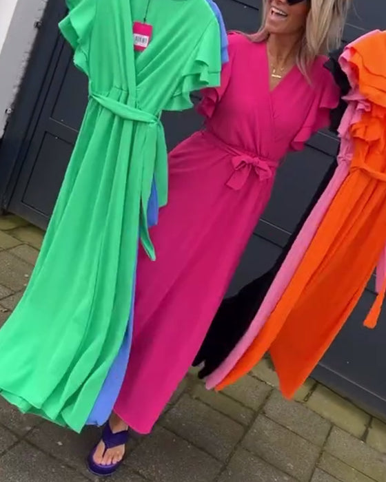 Solid Color Ruffle Sleeve Tie Long Dress