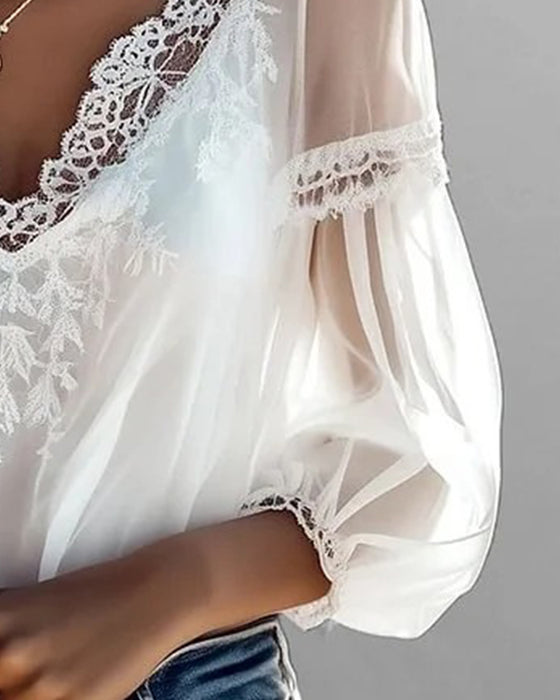 V-Neck Lace-Paneled Stylish Blouse