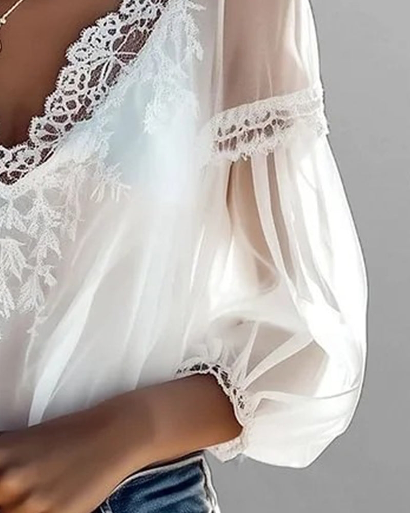 V-Neck Lace-Paneled Stylish Blouse