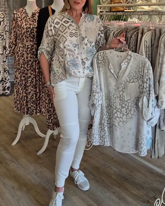 Button-Down V-Neck Printed Long-Sleeved Shirt