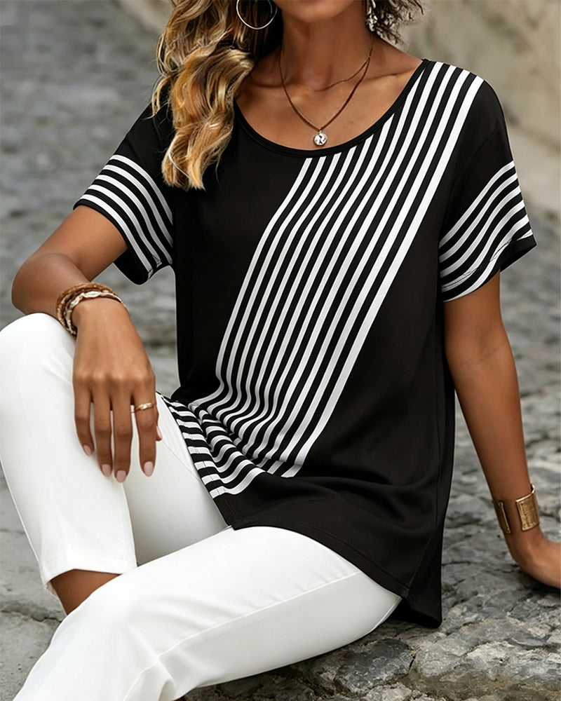 Diagonal Stripe Patchwork Crew Neck T-Shirt