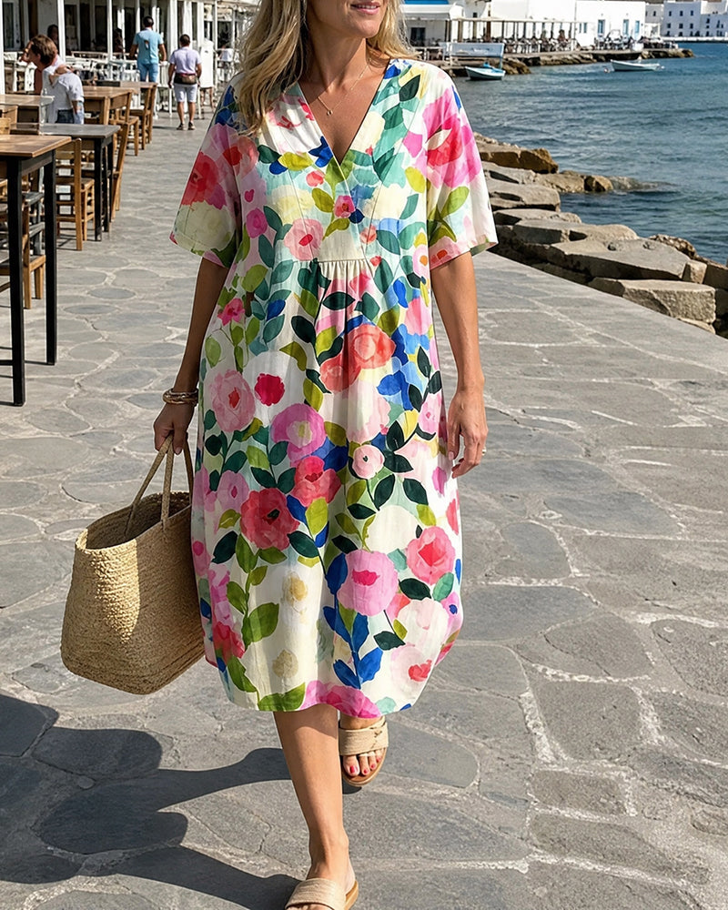 Watercolor Floral V-Neck Dress