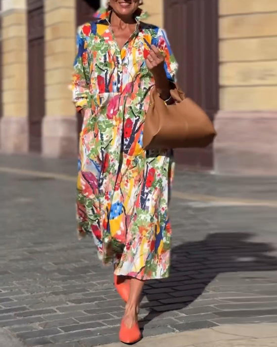 Lapel Fashion Half-Length Sleeve Printed Swing Dress