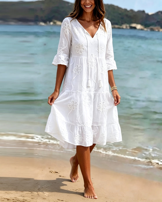 V-Neck A-Hem Ruffle Dress