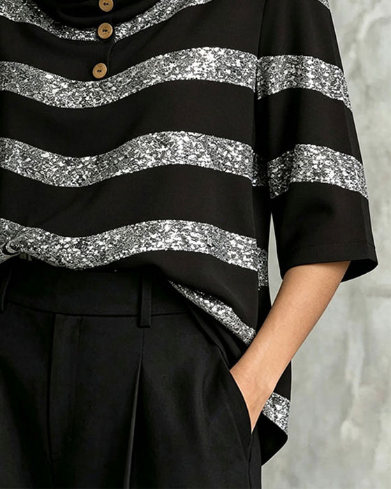 Geometric Stripe Cinched Waist Drawstring Blouse