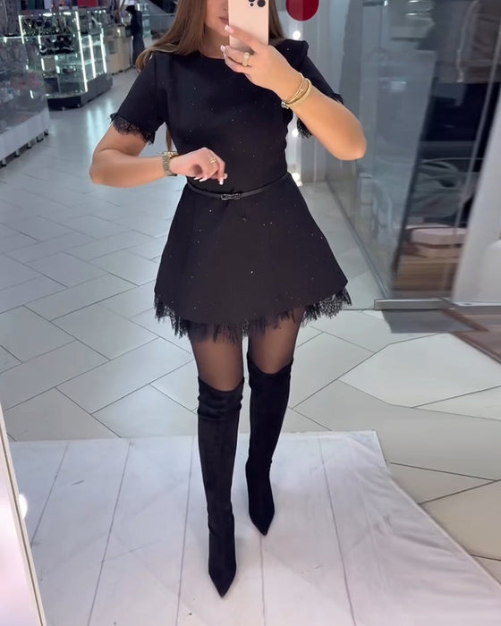 Sparkling Lace Short-Sleeve A-Line Dress