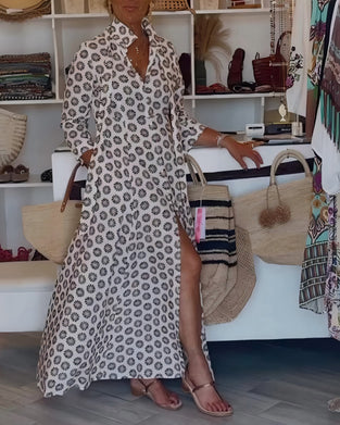 V-Neck Polka Dot Slit Shirt Dress