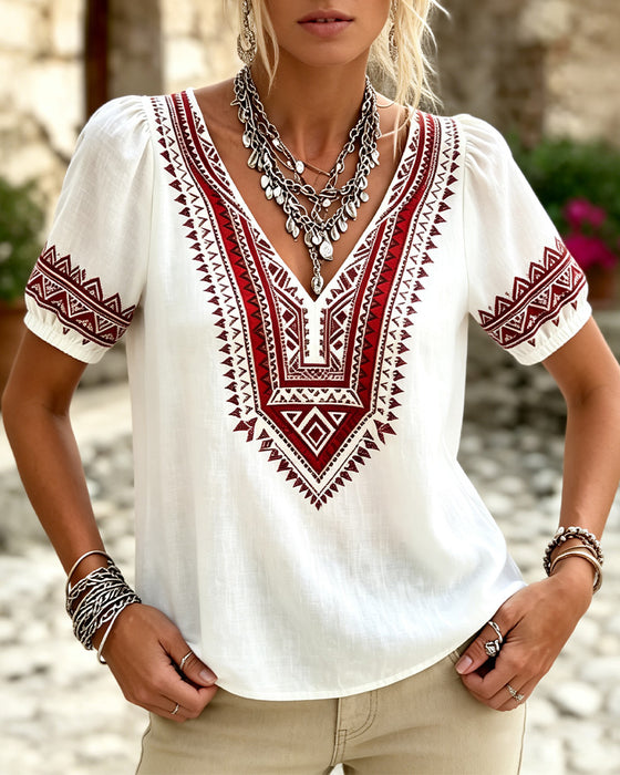 V-Neck Bohemian Bubble Sleeve Blouse