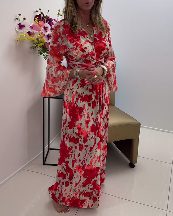 Fashionable printed deep V knitted bell sleeve dress