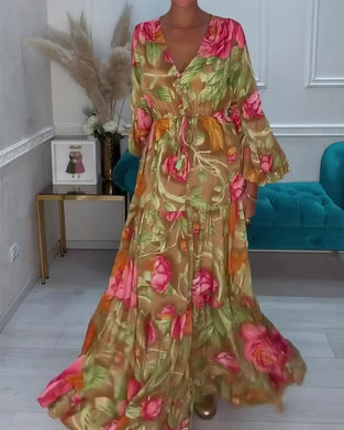 V-Neck Full Skirt Floral Dress