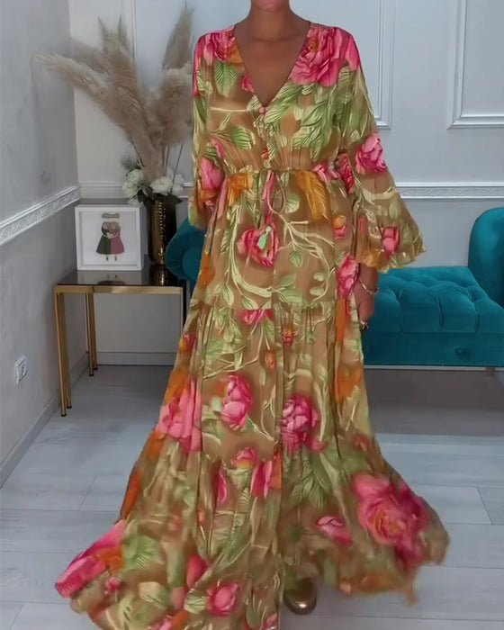 V-Neck Full Skirt Floral Dress