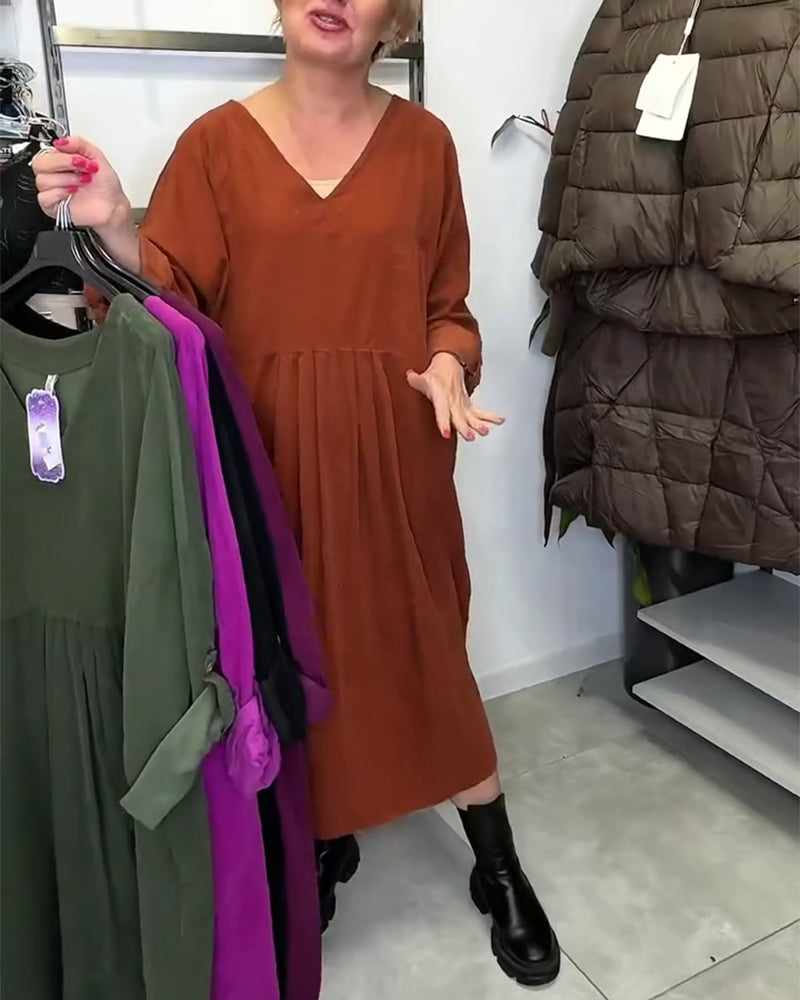 V-Neck Loose-Fitting Accordion Pleated Dress