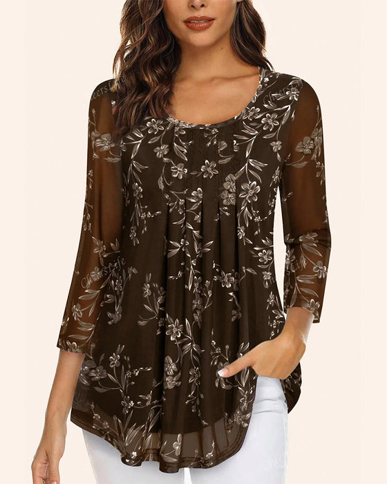 Round Neck Pleated Floral Top