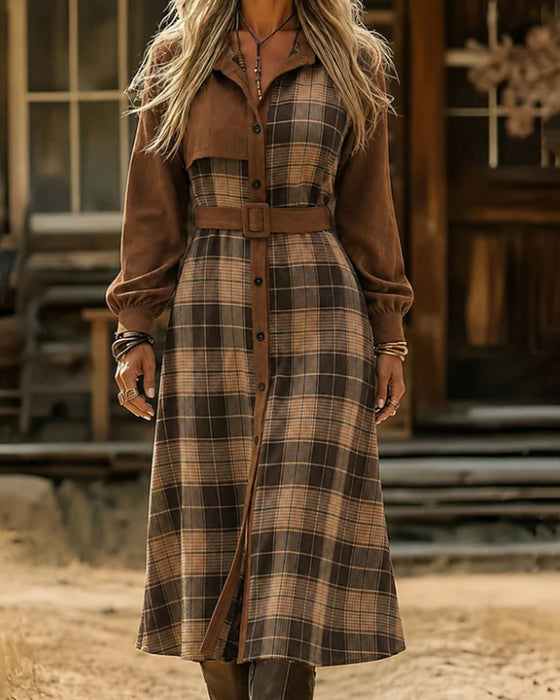 Patchwork Plaid Belted Shirt Dress