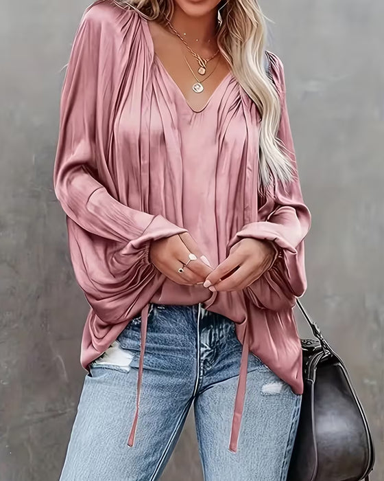 Lace-Up Solid Color Blouse