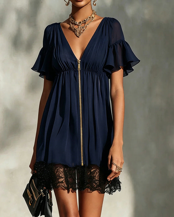 Ruffle Flare Sleeve Zipper Lace Dress