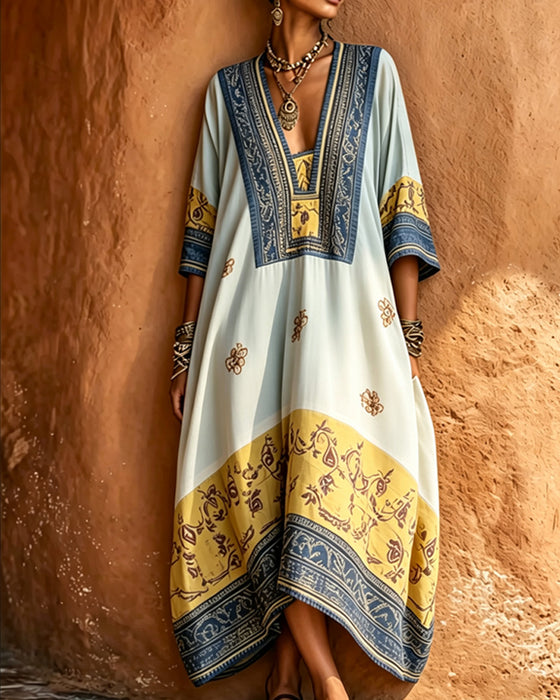 V-Neck Ethnic Large Hem Dress