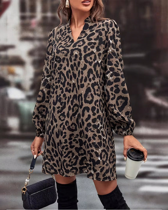 Stand-Collar Puff-Sleeved Leopard Print Dress