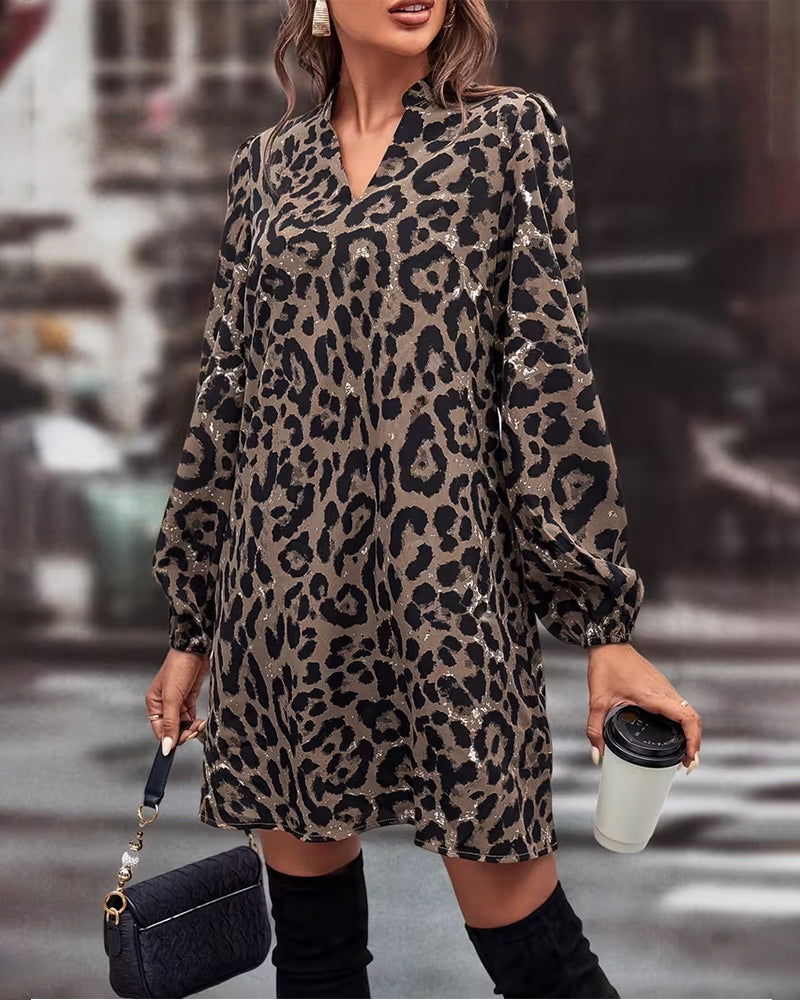 Stand-Collar Puff-Sleeved Leopard Print Dress