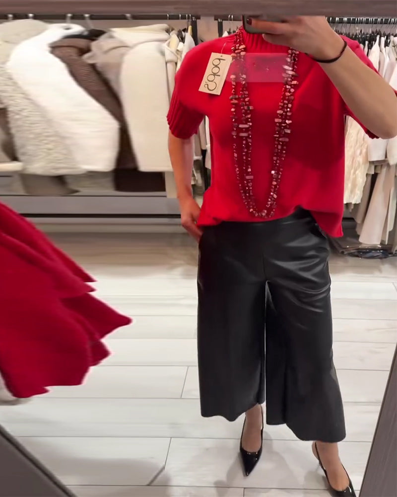 Solid Color High-Neck Short-Sleeved Jumper