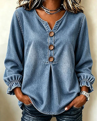 Denim V-Neck Button Ruffle Sleeve Top