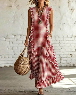 V-Neck Ruffle Plaid Sleeveless Maxi Dress