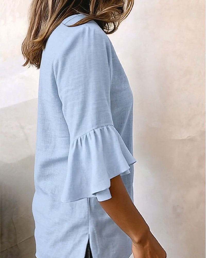 Flared Sleeve V-Neck Blouse