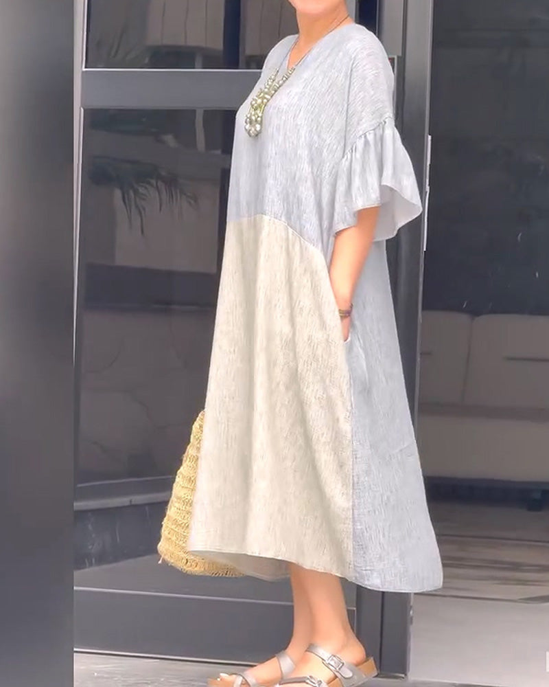V-Neck Ruffle Sleeve Loose Dress