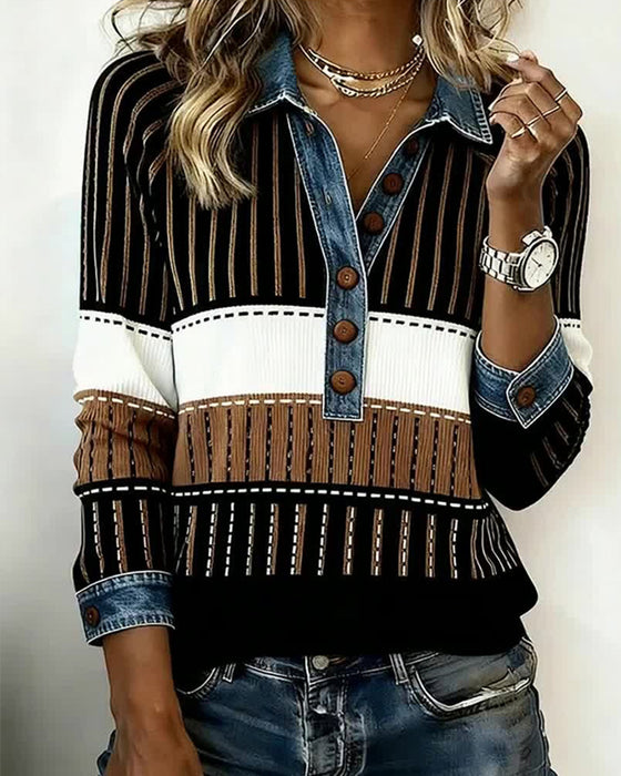 Button-Down Collar Color-Block Versatile Sweatshirt