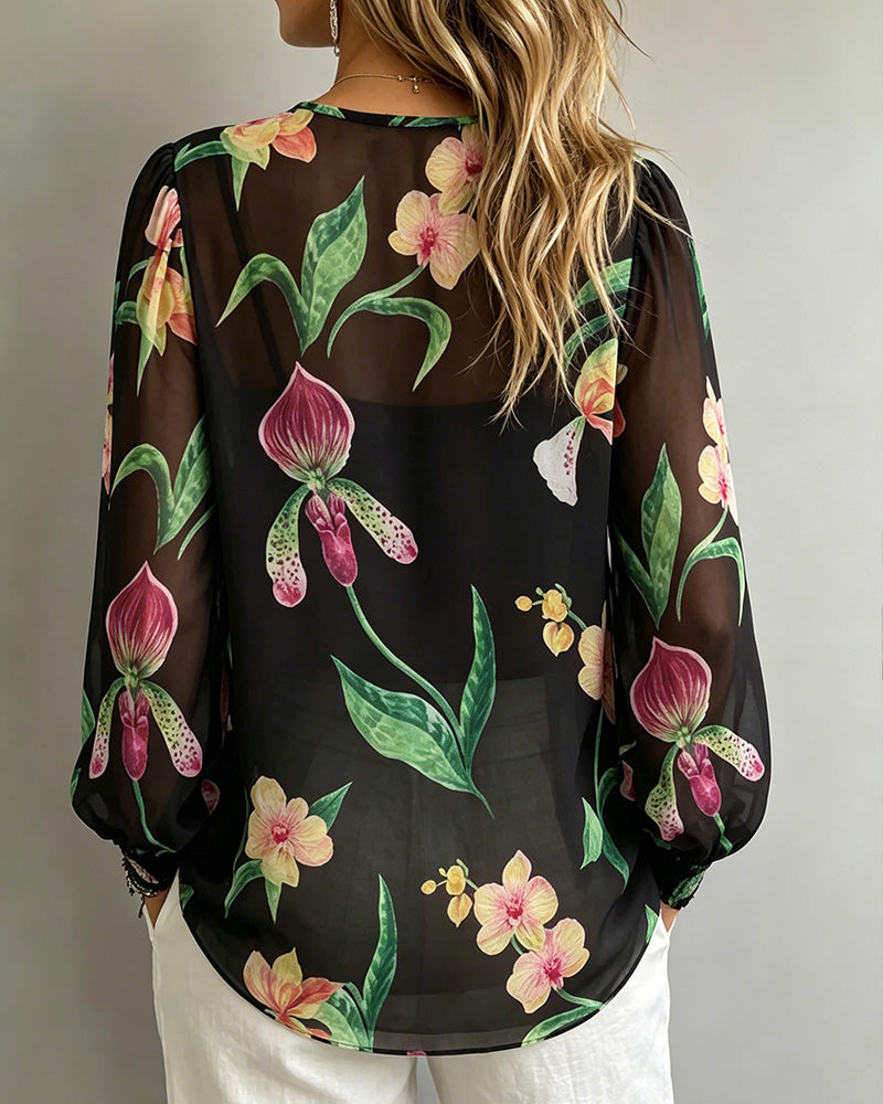 Lantern Sleeve Round Neck Tie Printed Blouse